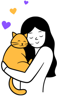 An illustration of long haired women holding a happy ginger cat.